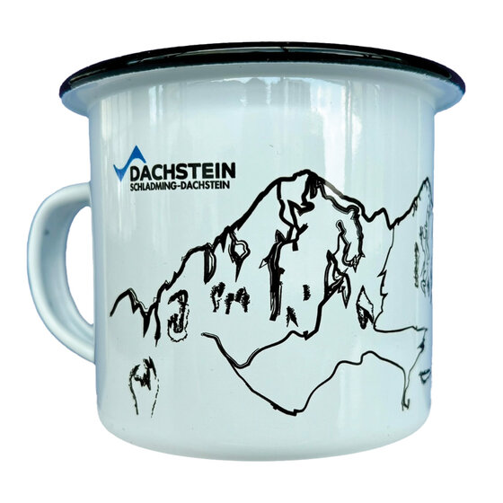 White enamel mug with black line art of Dachstein mountain range and Schladming-Dachstein logo | © Planai-Hochwurzen-Bahnen Gesellschaft m.b.H.