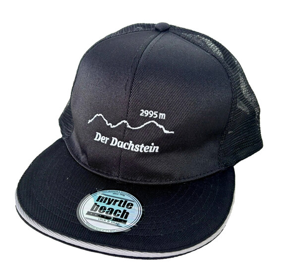 Black trucker cap with white Dachstein lettering, mesh back and Myrtle Beach sticker on visor | © Planai-Hochwurzen-Bahnen Gesellschaft m.b.H.