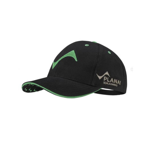 Black cap with green Planai logo on front, side lettering and patterned underside of visor | © Planai-Hochwurzen-Bahnen GmbH