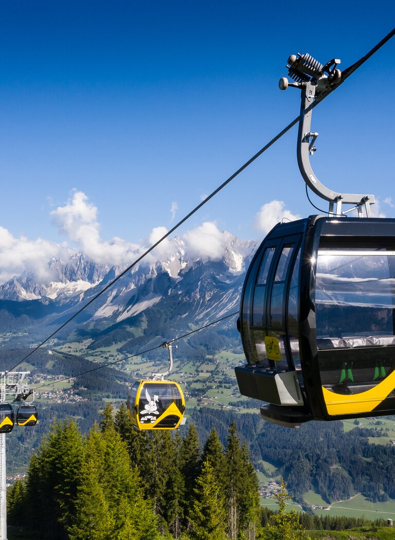 Moderne Planai-Gondeln schweben über grüne Berghänge mit Blick auf das Dachsteinmassiv und sonnige Täler | © Planai-Hochwurzen-Bahnen GmbH