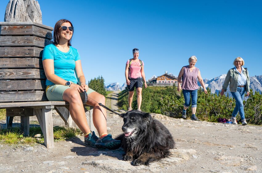 Frau mit Hund auf Holzbank am Hochwurzen-Bankerlweg, drei weitere Wanderinnen, Hütte und Berge im Hintergrund bei Sonnenschein | © Planai-Hochwurzen-Bahnen GesmbH