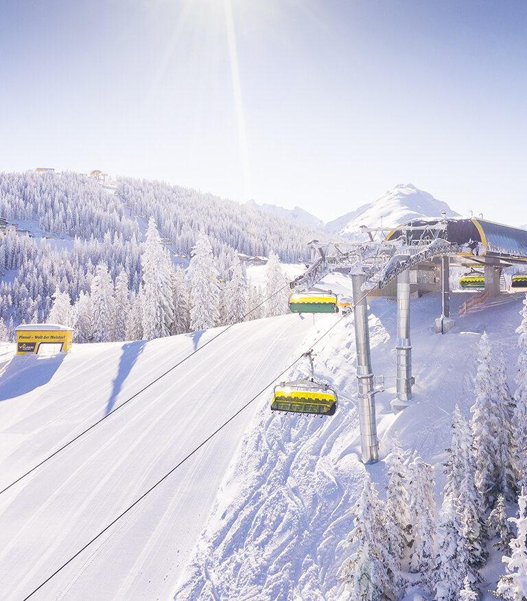 Gelbe Sesselbahn fährt durch verschneite Bäume am sonnigen Lärchenkogel auf der Planai | © Planai-Hochwurzen-Bahnen GmbH