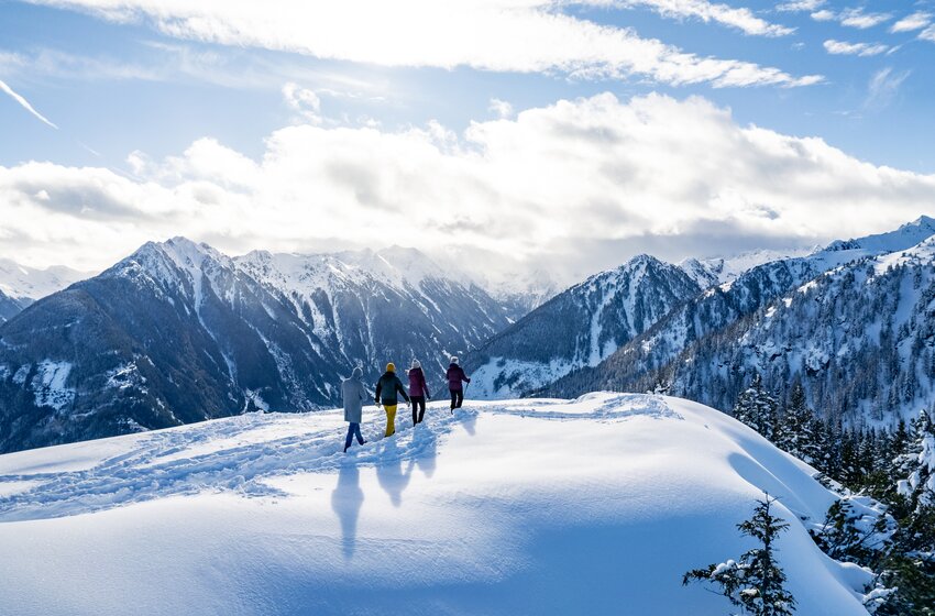 Four people hike through fresh powder snow with views of snowy peaks and a wintry alpine landscape. | © Winterwanderbilder (c) Gerald Oberreiter