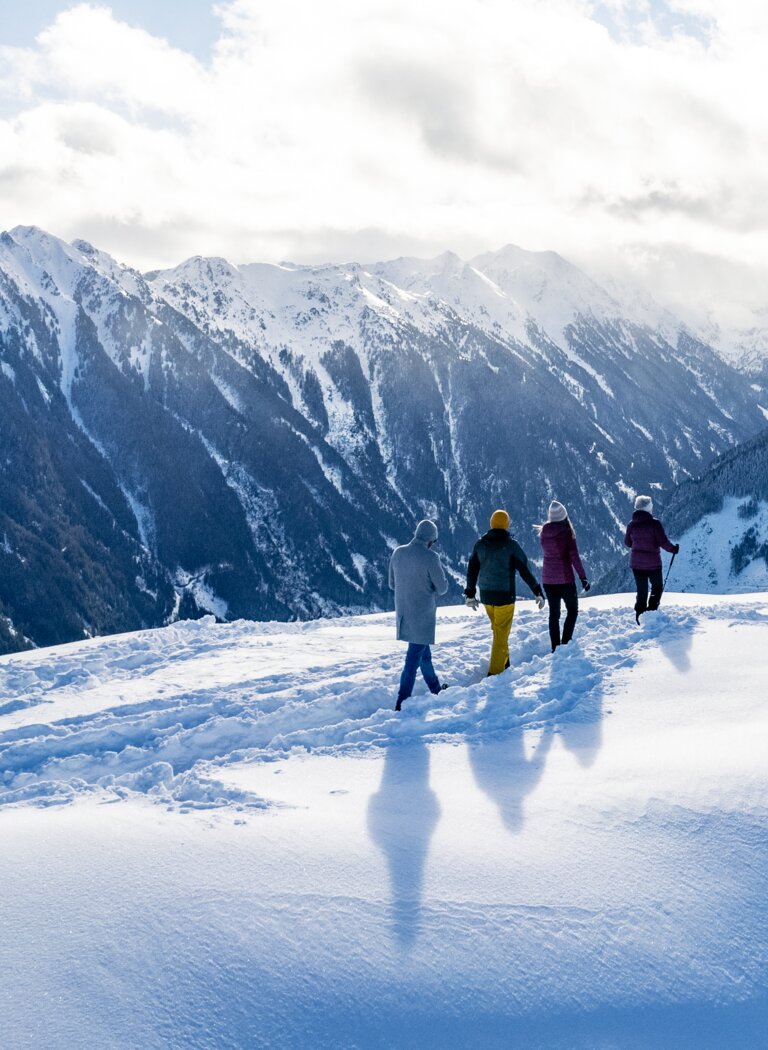 Vier Personen wandern durch frischen Pulverschnee mit Blick auf verschneite Berggipfel und winterliche Alpenlandschaft. | © Winterwanderbilder (c) Gerald Oberreiter