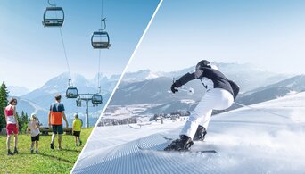 Split image of family hiking in summer and skier on freshly groomed winter slope. | © Ski amadé GmbH